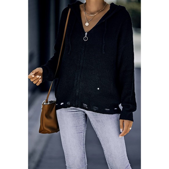 Zip-Up Distressed Hooded Cardigan- Four Colors Available - Picture 5 of 11